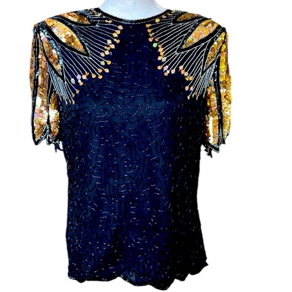 Lawrence Kazar ladies sequin beaded short sleeve top large, very good condition - Picture 1 of 16